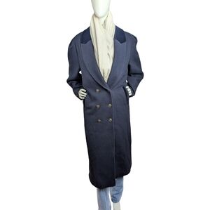Vintage Navy Wool Coat with Velvet Collar & Lion Crest Buttons, Size XL